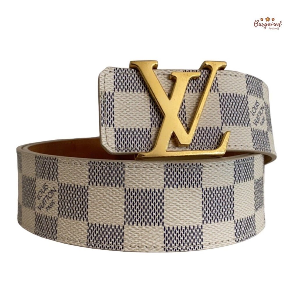 Authentic Louis Vuitton Damier Azur Canvas Leather Gold LV Initials Belt 95/38